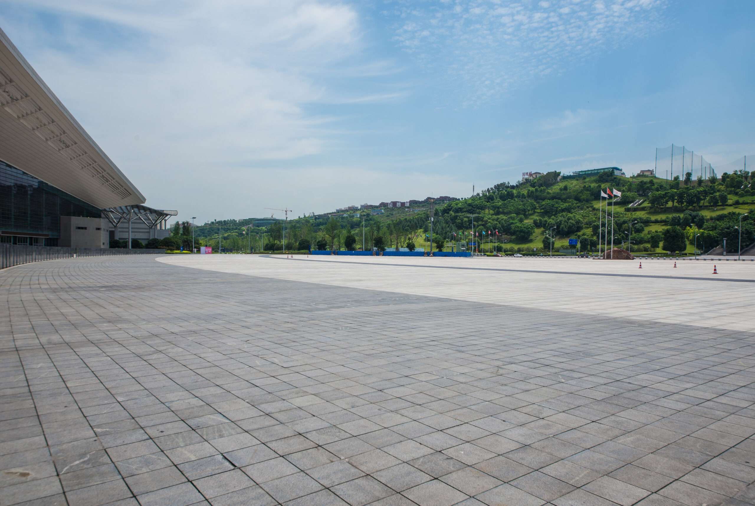 Empty floor with modern business office building
